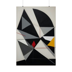 abstract geometric design with black, gray, white, yellow, and red shapes