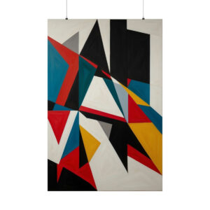 abstract geometric design with bold red, blue, yellow, black, and gray shapes