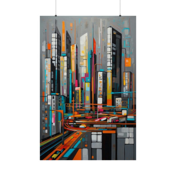 abstract cityscape with tall buildings and vibrant roads in orange, blue, and gray tones