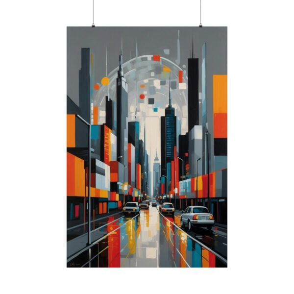 abstract cityscape with cars on a wet street, tall buildings, and vibrant colors in orange, red, and blue tones