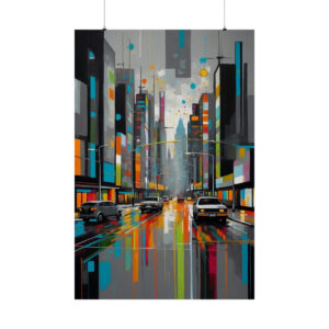 abstract city street with cars, tall buildings, and vibrant reflections in orange, blue, and gray tones