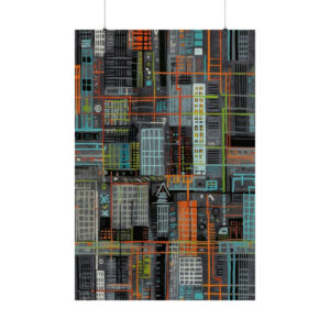 abstract geometric city grid with buildings and streets in orange, gray, and blue tones