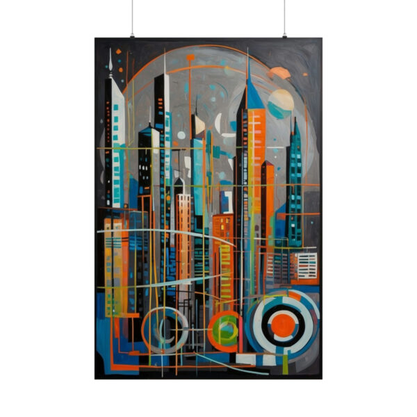 abstract geometric cityscape with tall buildings and circular patterns in orange, blue, and gray tones