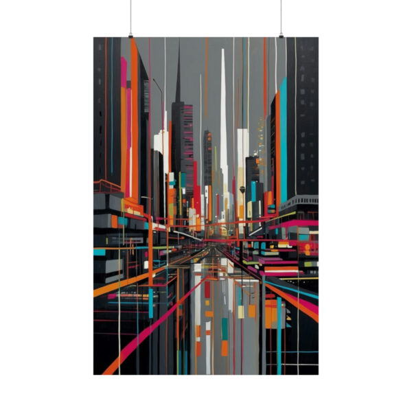 abstract geometric cityscape with vibrant lines and buildings in orange, pink, and gray tones