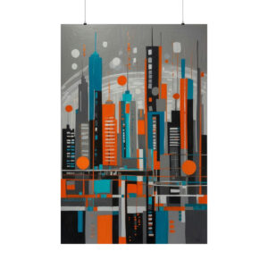 abstract geometric cityscape with tall buildings in orange, blue, and gray tones