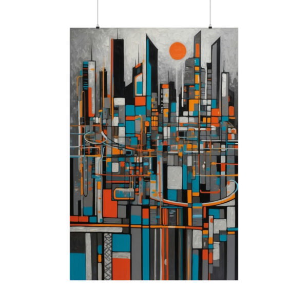 abstract cityscape with geometric buildings in orange, blue, and gray tones under an orange sun