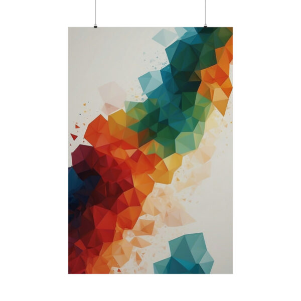 abstract geometric design with vibrant red, orange, green, and blue shapes fading into neutral tones