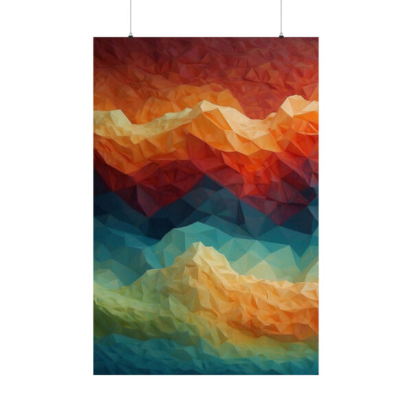 abstract geometric landscape with vibrant red, orange, yellow, and blue tones