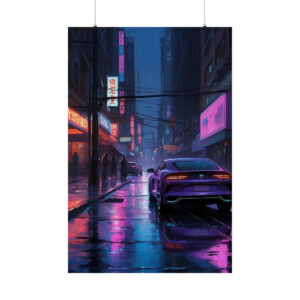 neon-lit city street with a sports car driving at night, wet pavement reflecting vibrant lights