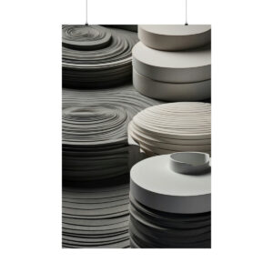 abstract arrangement of stacked circular objects in shades of gray and white