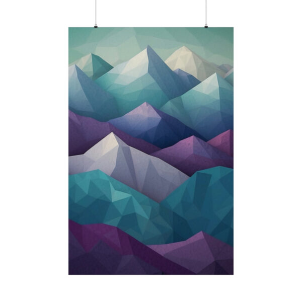 abstract geometric mountain landscape with shades of green, blue, and purple