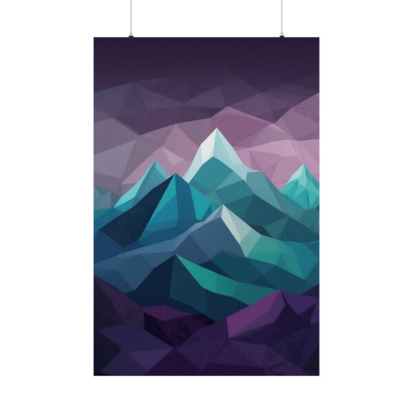 abstract geometric mountain landscape in shades of green, blue, and purple