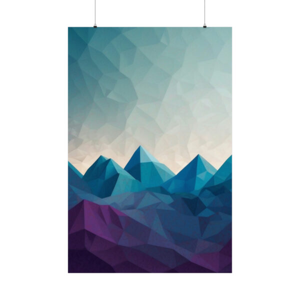 abstract geometric mountain landscape with blue and purple tones under a light sky