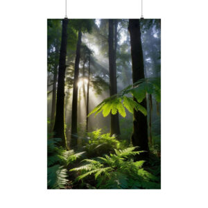 sunlight filtering through tall trees in a misty forest with lush green ferns