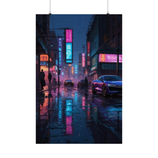 neon-lit city street at night with cars and pedestrians, reflections on wet pavement