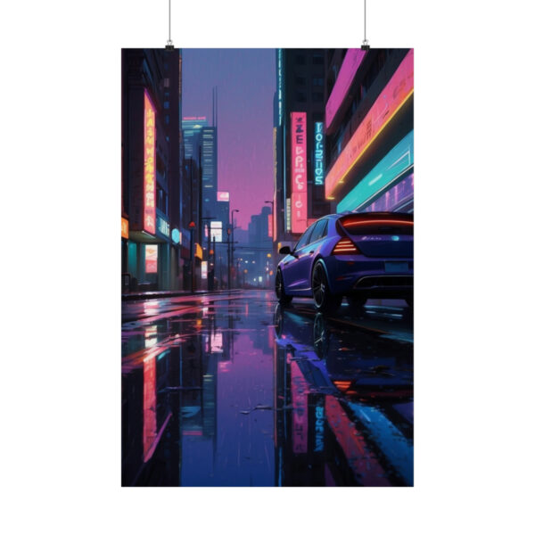 neon-lit city street at night with a parked car and glowing reflections on wet pavement