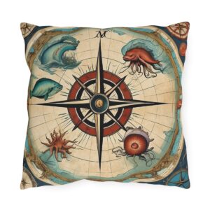 outdoor pillow with a vintage nautical compass design featuring colorful sea creatures on a beige background