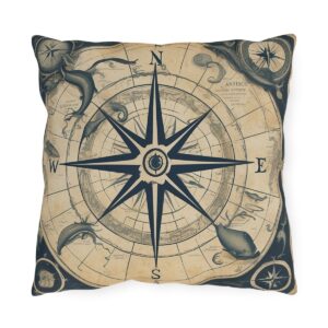 outdoor pillow with a vintage nautical compass design featuring whales and sea creatures on a beige background