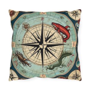 outdoor pillow with a vintage nautical compass design featuring sea creatures on a blue and beige background