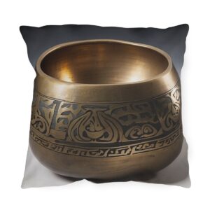 Outdoor pillow with a design featuring a single ornate meditation bell on a dark background.