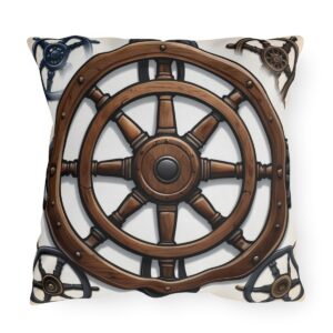 Outdoor pillow featuring a large wooden nautical ship steering wheel design with smaller wheels in the corners on a white background