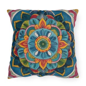 Vibrant mandala outdoor pillow with intricate floral and geometric designs