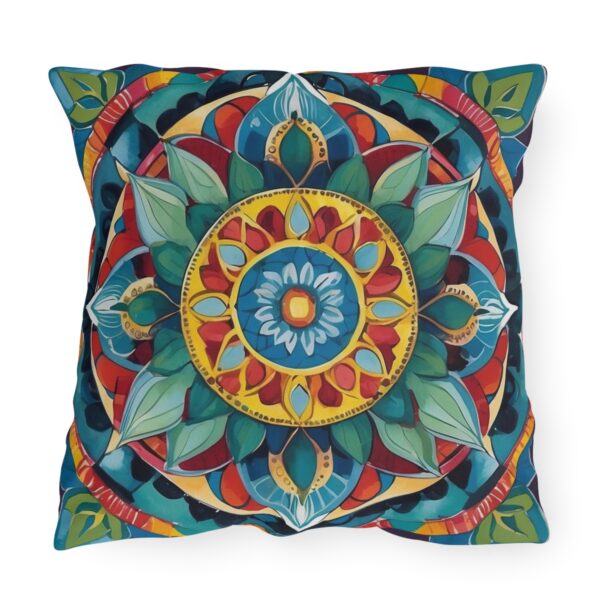 Colorful mandala outdoor pillow with intricate geometric and floral patterns