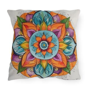 Colorful mandala outdoor pillow with bright floral and leaf patterns