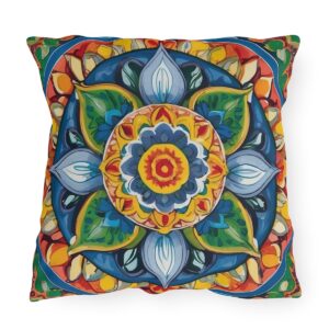 Colorful mandala design outdoor pillow with vibrant floral and geometric patterns