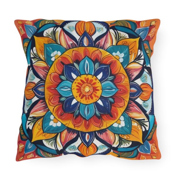 Vibrant mandala design outdoor pillow with colorful patterns and detailed artwork