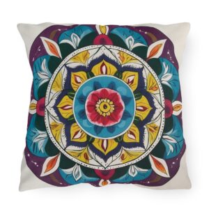 Colorful mandala design outdoor pillow with vibrant patterns and intricate details