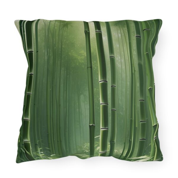 outdoor pillow featuring tall green bamboo stalks in a serene forest setting