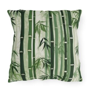 outdoor pillow featuring tall green bamboo stalks with leaves on a light background