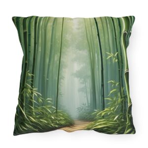 outdoor pillow featuring a serene bamboo forest path with tall green bamboo stalks and lush foliage