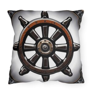 Outdoor pillow featuring a black and brown nautical ship steering wheel design on a white background