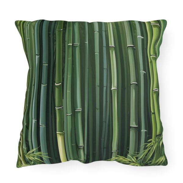 outdoor pillow featuring tall green bamboo stalks with foliage at the base