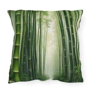 outdoor pillow featuring a serene bamboo forest with tall green bamboo stalks