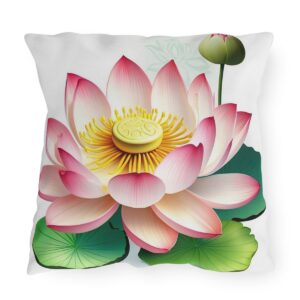 outdoor pillow featuring a pink lotus flower with green leaves on a white background