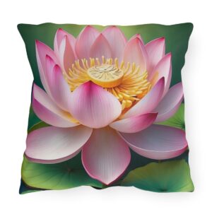 outdoor pillow featuring a close-up of a pink lotus flower with green leaves in the background