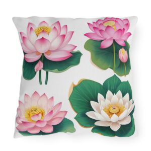 outdoor pillow featuring pink and white lotus flowers with green leaves on a white background