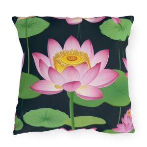 outdoor pillow featuring pink lotus flowers with green leaves on a black background