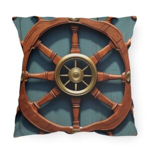 Outdoor pillow featuring a wooden nautical ship steering wheel design on a teal background