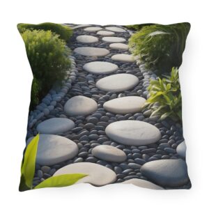 outdoor pillow featuring a zen pebble path with large smooth stones surrounded by greenery