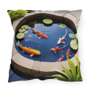 outdoor pillow featuring a tranquil koi pond with colorful koi fish, lily pads, and stone border