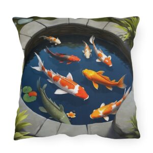 outdoor pillow featuring a tranquil koi pond with colorful koi fish, lily pads, and stone edges