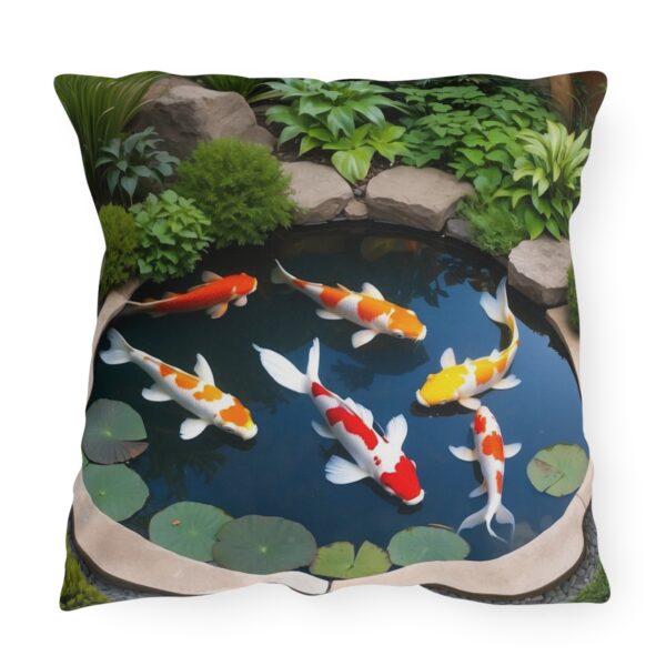 outdoor pillow featuring a tranquil koi pond with colorful koi fish, lily pads, and lush greenery