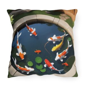 outdoor pillow featuring a tranquil koi pond with colorful koi fish and lily pads