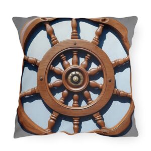 Outdoor pillow featuring a wooden nautical ship steering wheel design on a light blue background