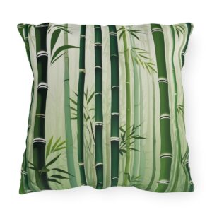 outdoor pillow featuring a serene bamboo forest with tall green bamboo stalks and leaves