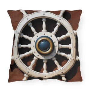 Outdoor pillow featuring a white nautical ship steering wheel design with wood background